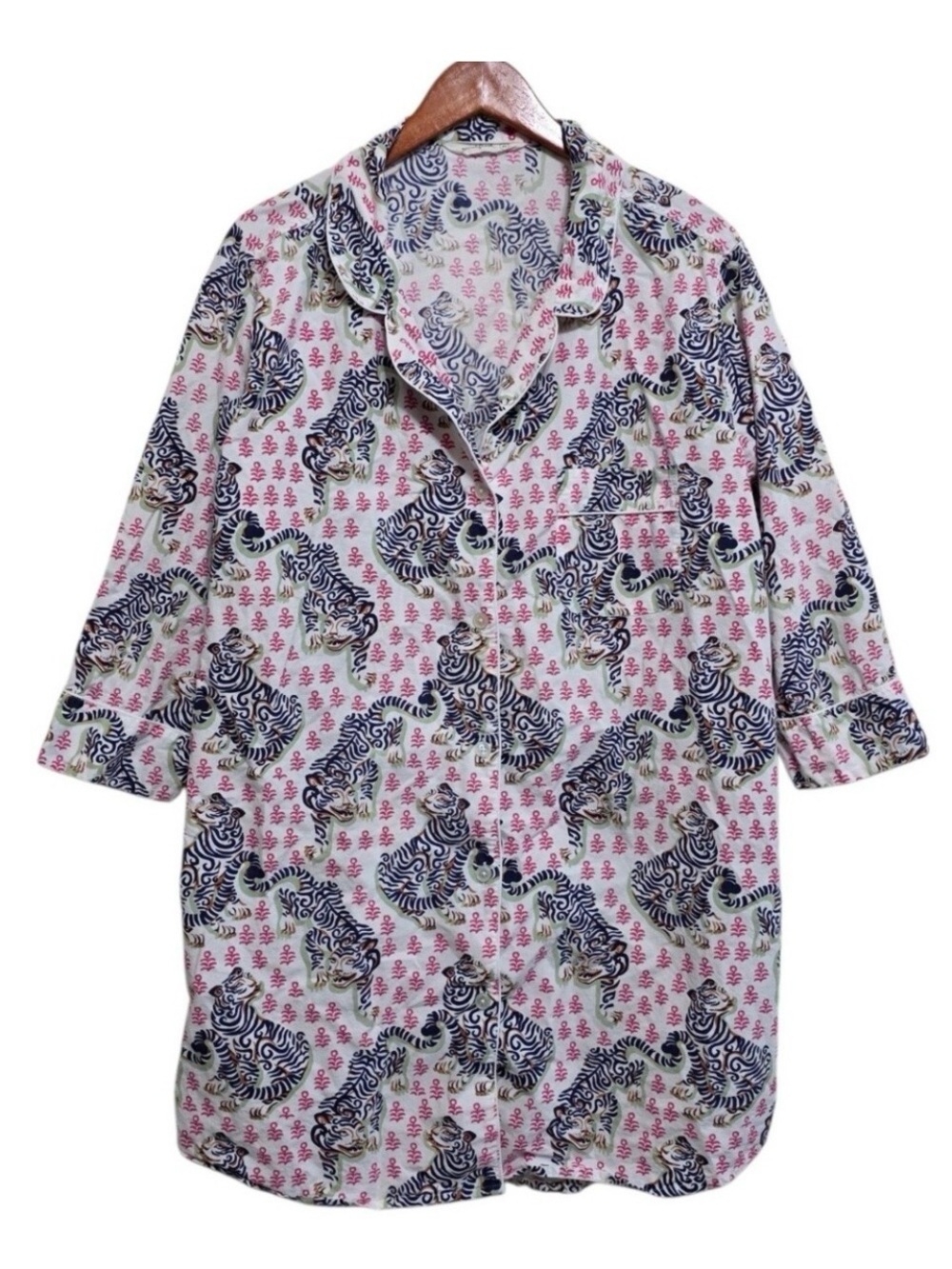 Women's Tiger Print Long Button Pajama Shirt - White, pink, black blue